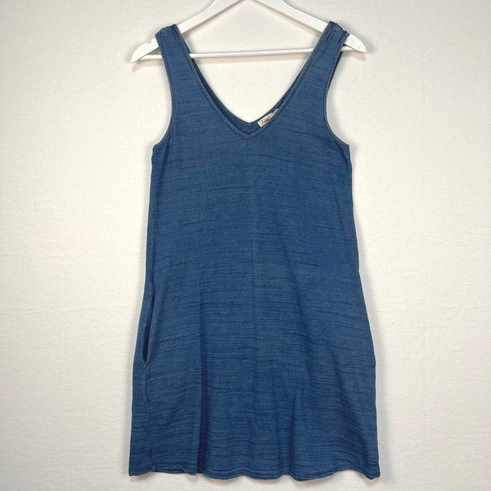Faherty Indigo Blue Tank Dress Women XS Slub Knit Pockets Sustainable Coastal